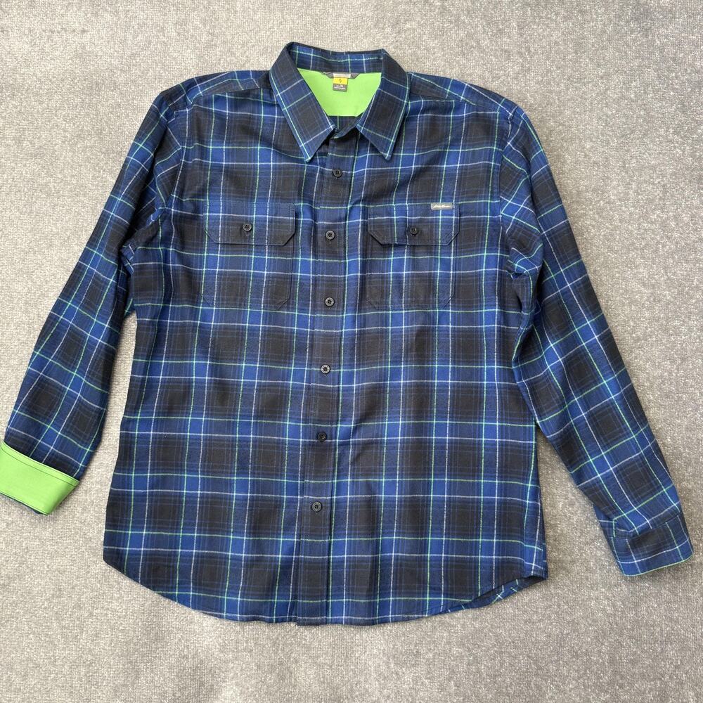 Eddie Bauer Shirt Mens XL Blue Green Plaid Button Down Long Sleeve Outdoors